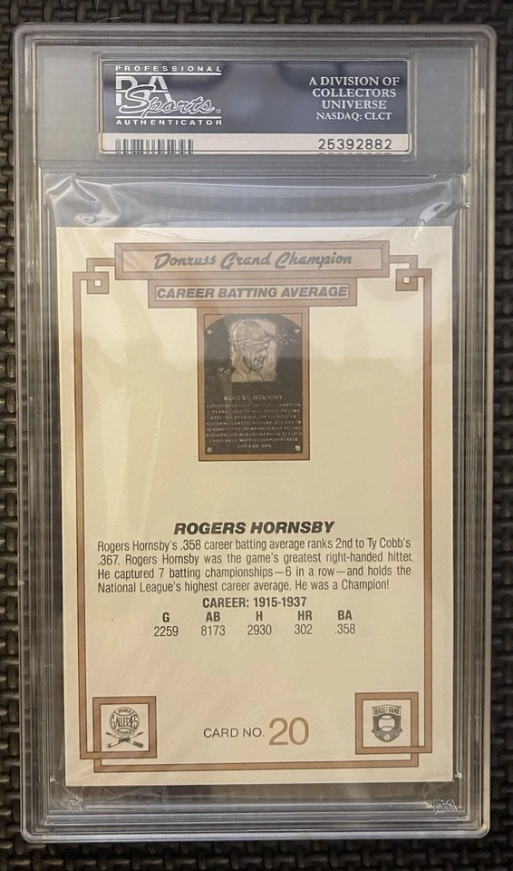 1984 Donruss чемпион Роджерс Хорнсби #20 PSA 10 РЕДКАЯ POP ** 17 - Изображение 2 из 2