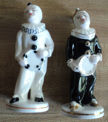Vintage Occupied Japan Porcelain Figurines of CLOWNS or Jesters w/ TAMBOURINES