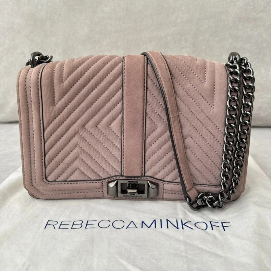 Bolso Bandolera Rebecca Minkoff Chevron Acolchado Gamuza Malva Solapa Twist Lock EX Foto 2 de 4