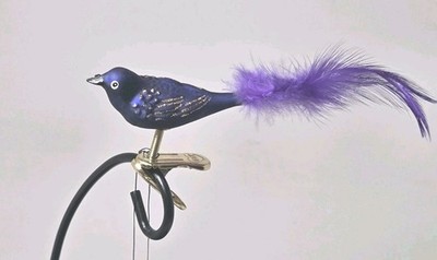 Old World Christmas Clip On Purple Glass Bird Ornament Feather Tail 4'' Tag READ