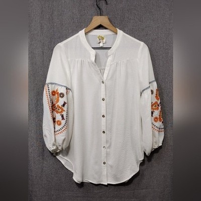 Anthropologie Fig And Flower Embroidered Blouse Women's S White Boho Retro 90s