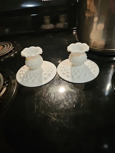 Vintage Fenton Milk Glass Hobnail Candle Holders Mid Century Modern Eclectic