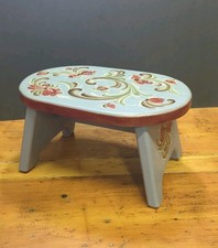 Hand Painted Wooden Stool Signed by Artist Traditional Norwegian Rosemaling