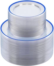 200PCS Blue and Clear Plastic Plates, Blue Disposable Plate Set with 100 Dinner