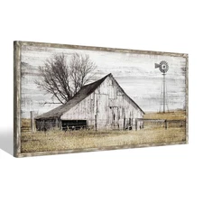 Barn Framed Wall Art Farmhouse: Rustic Farm Wood Picture Decor Large Windmill...