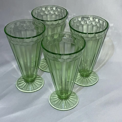 4-Anchor Hocking Pillar Optic Green Footed Tumbler, Original Depression 9oz, 6”