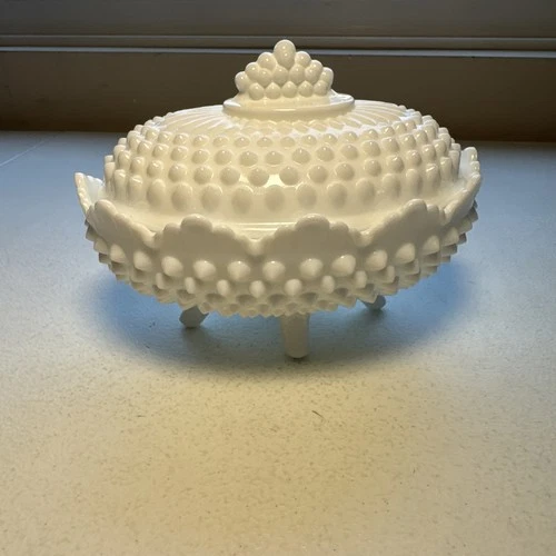 Vintage White Milk Glass Hobnail 4-Footed Candy Dish With Lid