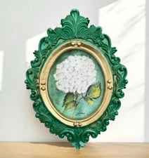 Vintage style oval framed mini white hydrangeas, floral wall art by artist, me!