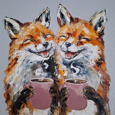Original Ölgemälde von zwei Füchsen genießen Kaffee, Tierkunst, 6 x 6 Zoll