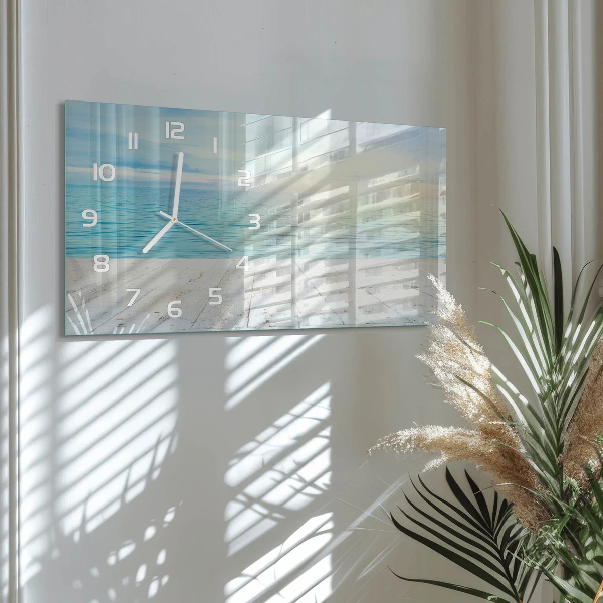 Reloj de Pared Rectangular Horizontal Diseño Elegante de Vidrio Mar 60x30 cm