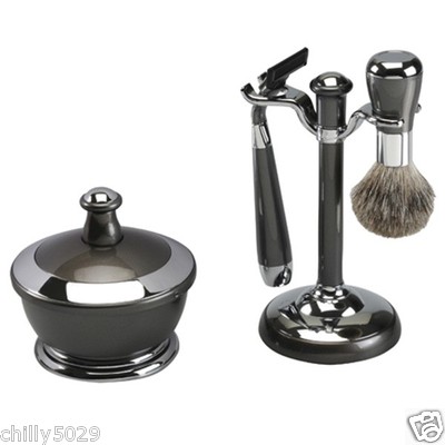 BLACK & CHROME 5 pc. Shave Set Mach 3 Razor, Natural Bristle, Free Soap SB-651