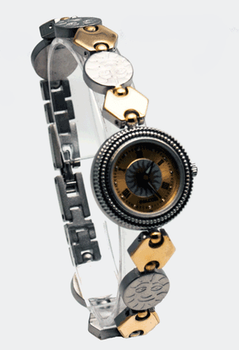 FALCON:WOMEN'S STAINLESS STEEL GOLD AND SILVER TONE METAL SUN LINKS ANALOG WATCH - Picture 5 of 8