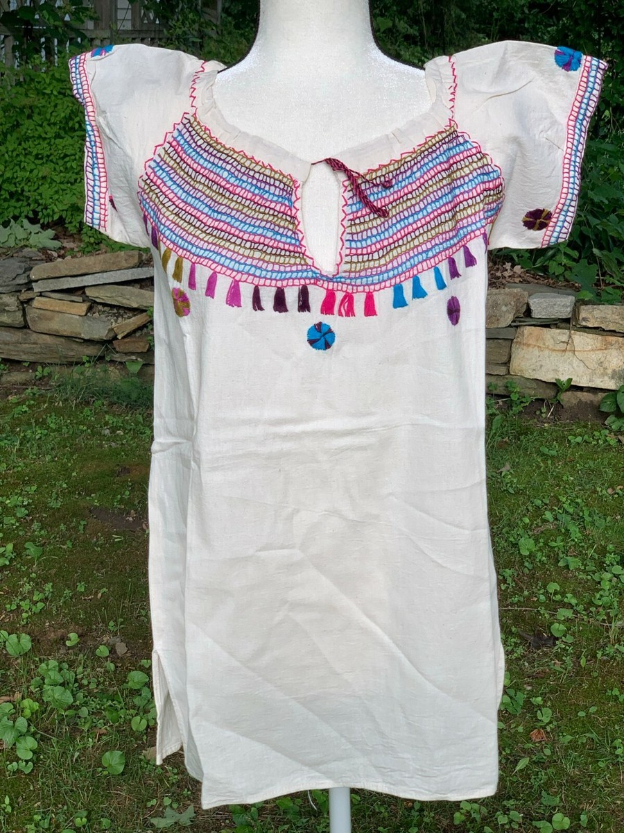 Maya Mexican Blouse Top Shirt Embroidered Chiapas Off-White Medium