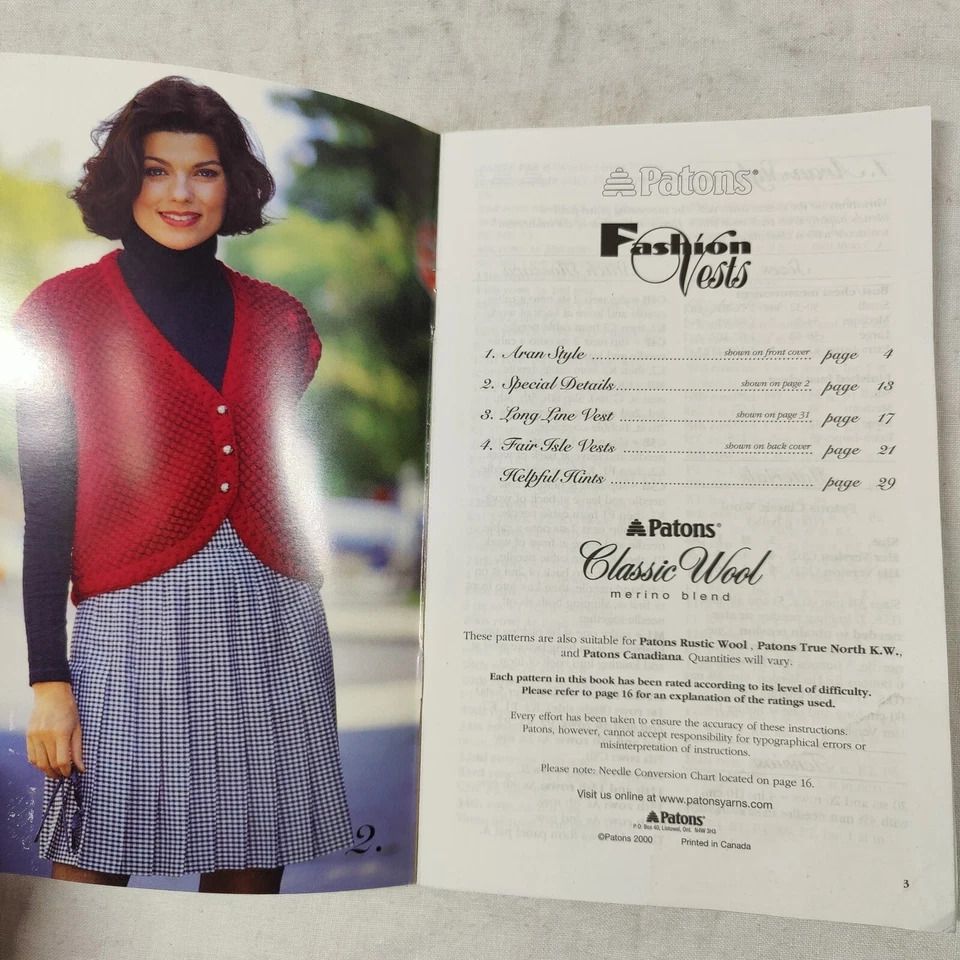Patons Vintage 2000 Classic Wool Fashion Vests Yarn Knitting Pattern Book - Image 3 of 4