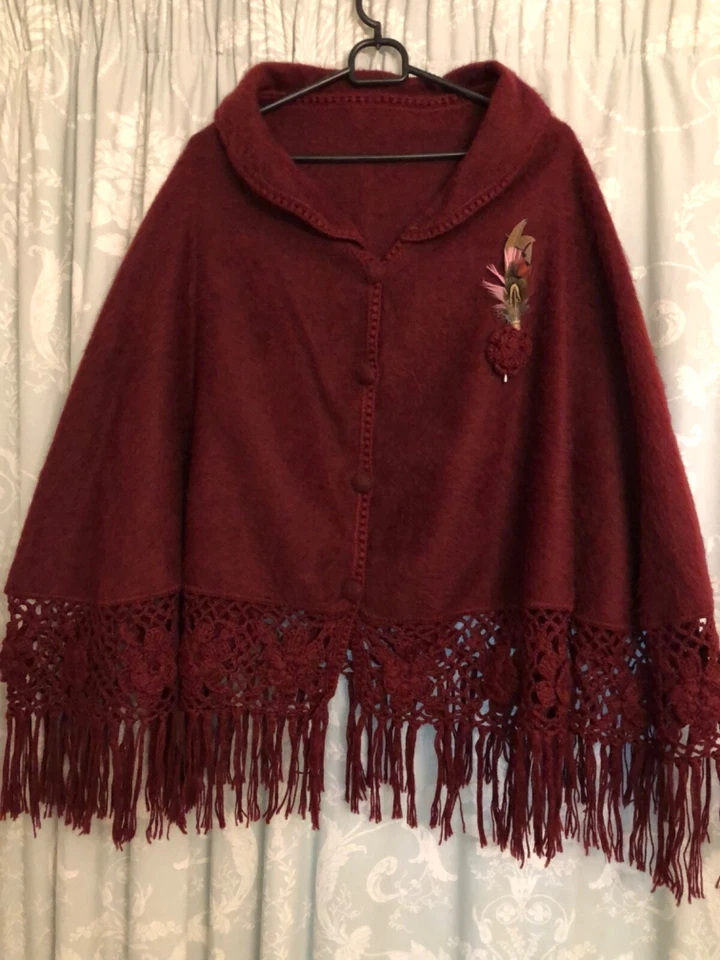 Cherry Red DIANA Peruvian Alpaca Floral Crochet fringed Poncho Cape Wrap - Image 2 of 4