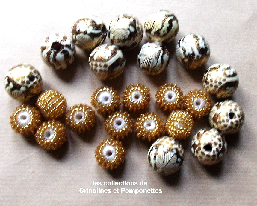Perles en papier mâché pour création de bijoux, lot de 24 avec rocaille dorée