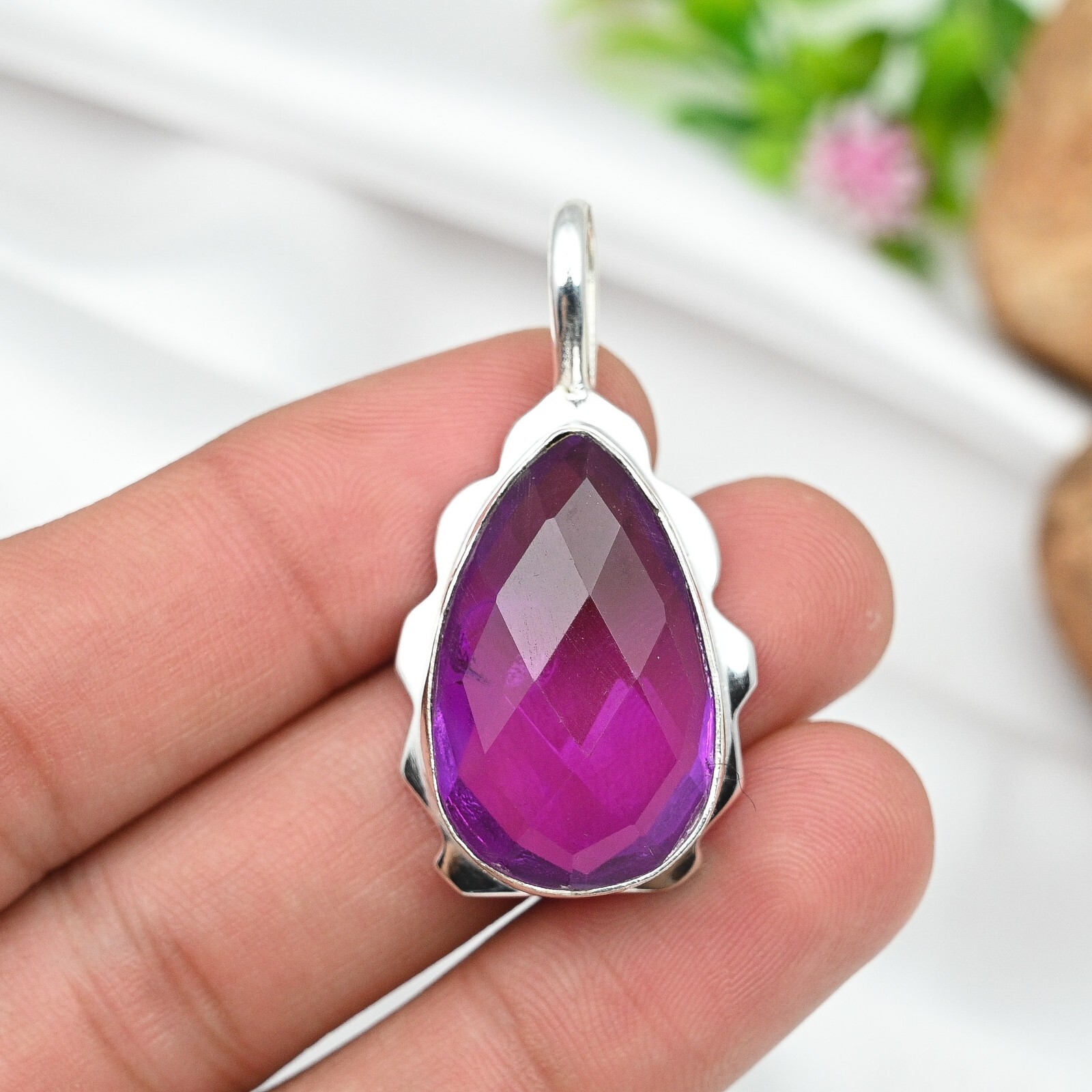 925 Sterling Silver Pink Amethyst Pear Pendant Handmade Jewelry Gift
