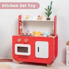 Red Play Kitchen Set Toy With Washing Machine And Oven Gift For Kid Age 3 