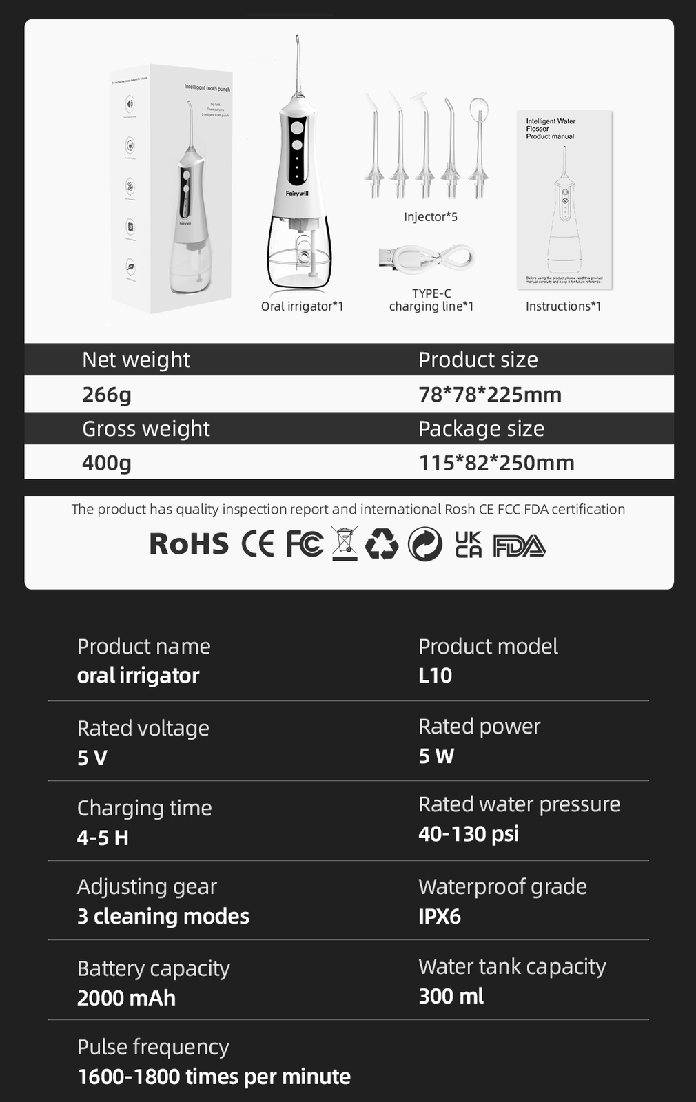 Fairywill Cordless Water Flosser Dental Oral Irrigator Teeth Cleaner 8