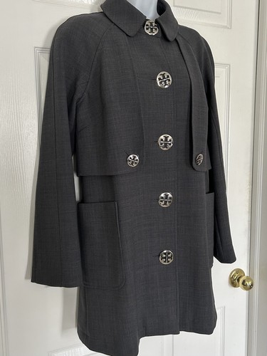 Tory Burch grau Wollmischung Kleid Mantel Größe 8 silber Logo Knöpfe - Bild 2 von 9