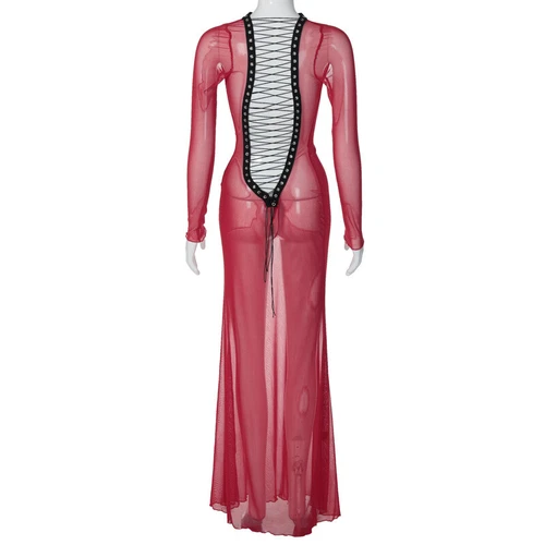 See-Through Mesh Maxi Bodycon Dress Party Evening Sheer Sexy Nightdress Women - Bild 24 von 26