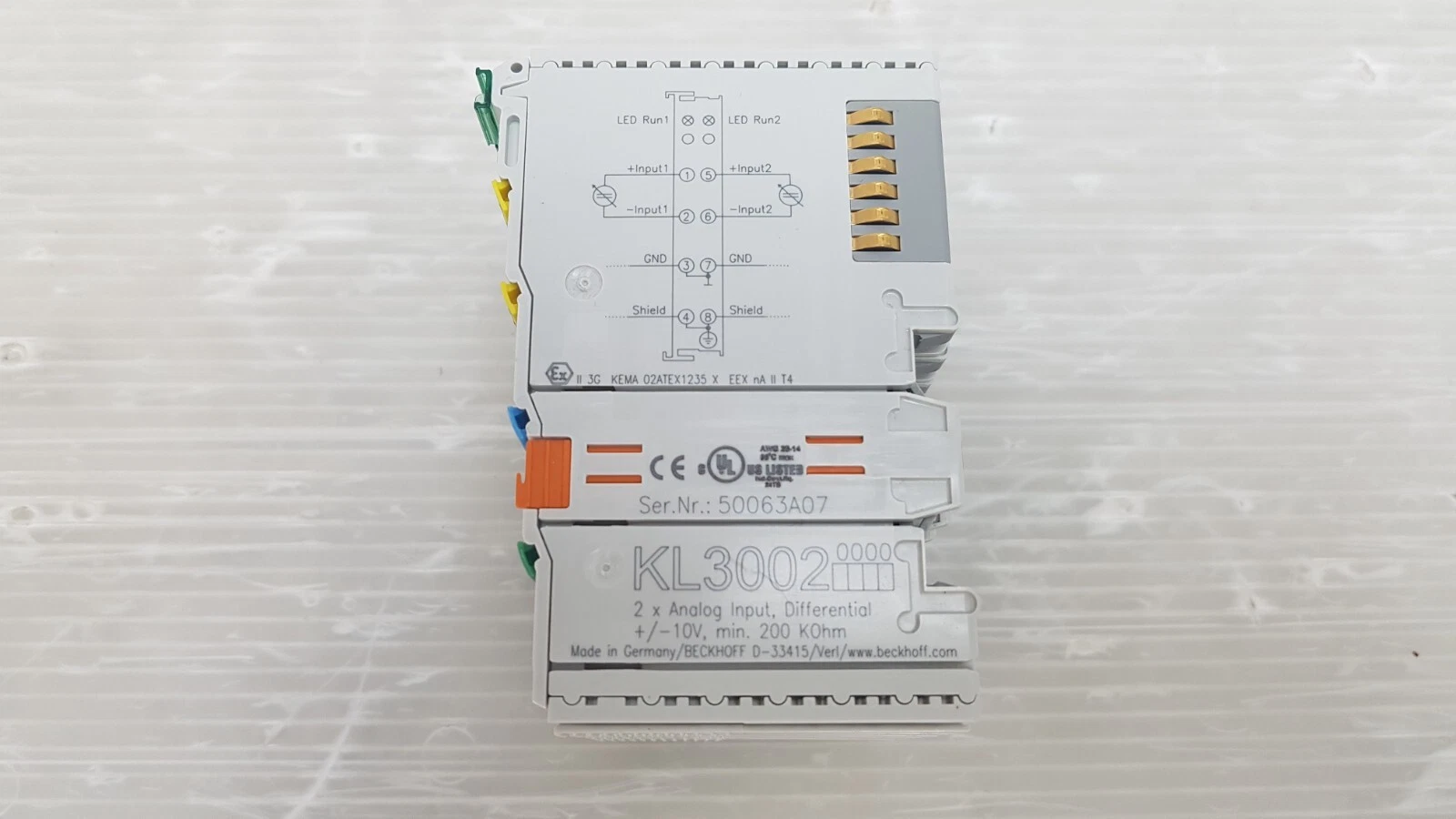 KL3002 side print: 2 x analog input differential ±10V, wiring diagram, Ex and UL marks