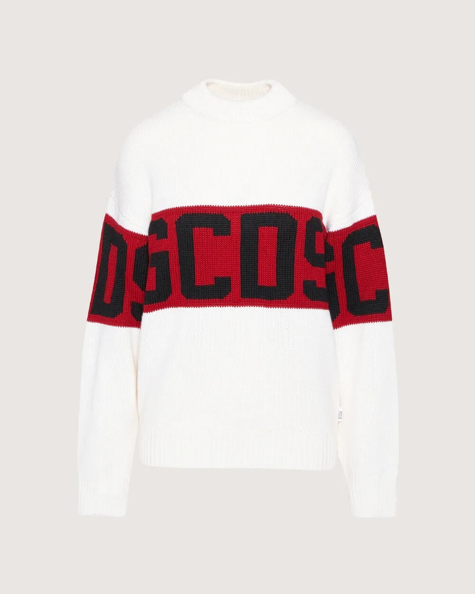 GCDS Unisex Large Ivory Off-White Band Sweatshirt Logo Stripe Knit