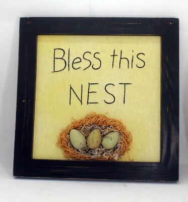 Bless This Nest Handcrafted Embroidered 3D Sign Home Décor Nest & Eggs Charming