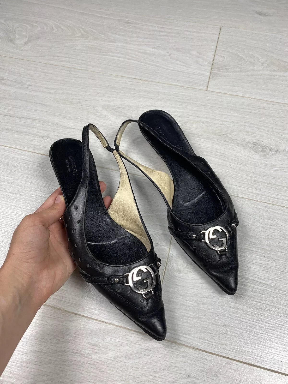 Vintage Gucci GG Tom Ford logo chaton talons écharpe mules chaussures cuir EU38