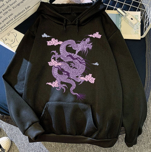 Cartoon Dragon Print Loose Hoodie 