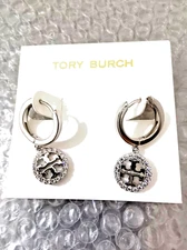 TORY BURCH WHITE CRYS TAL INLAID HOLLOWWORK SILVER  LOGO Earrings