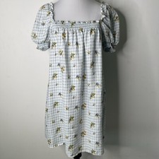 Reformation Women's White Blue Floral Carsen Linen Checkered Mini Dress Large