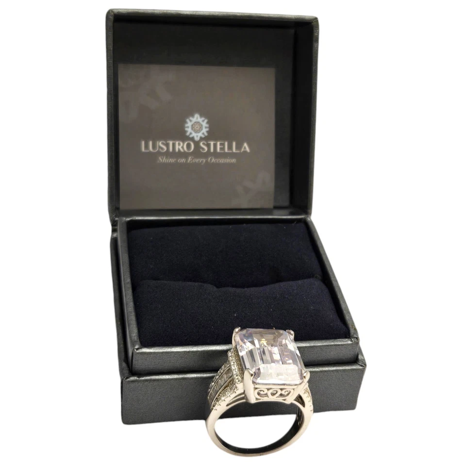 Anel LUSTRO STELLA enorme corte esmeralda cristais Swarovski prata esterlina 925 tamanho 9 - Imagem 2 de 4