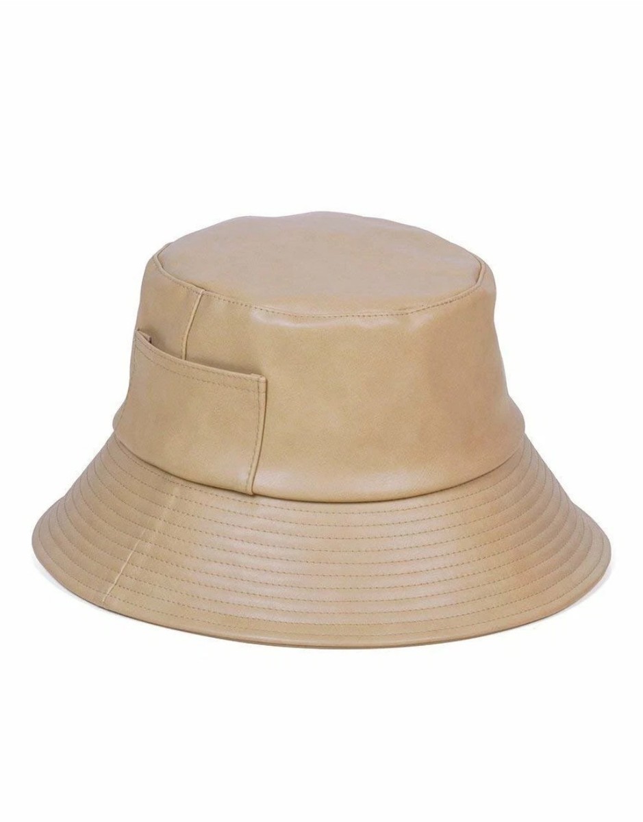 LACK of COLOR Tan Beige Faux Vegan Leather Wave Bucket Hat Pocket S/M 56cm Lack of Color | Wave Bucket Hat in Beige| FashionPass main image 4