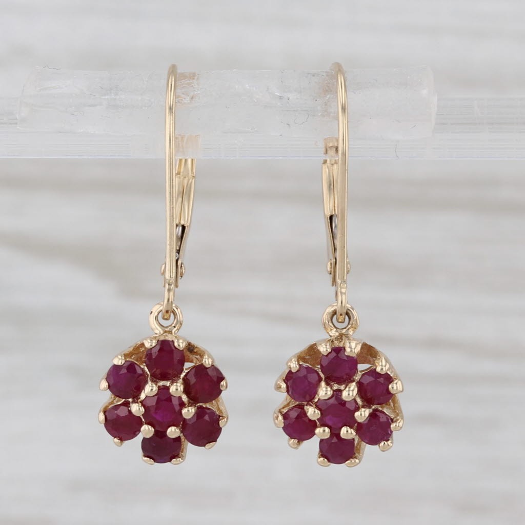 1ctw Ruby Flower Cluster Dangle Earrings 14k Yell… - image 1