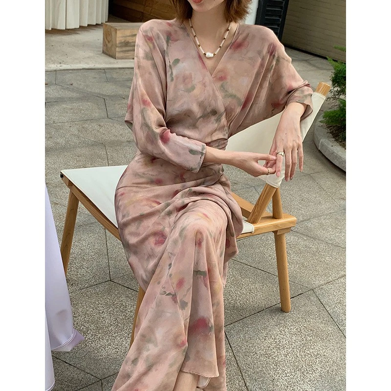 Vestido largo envolvente estilo francés para mujer cuello en V 100 % seda morera seda verano talla Foto 4 de 4