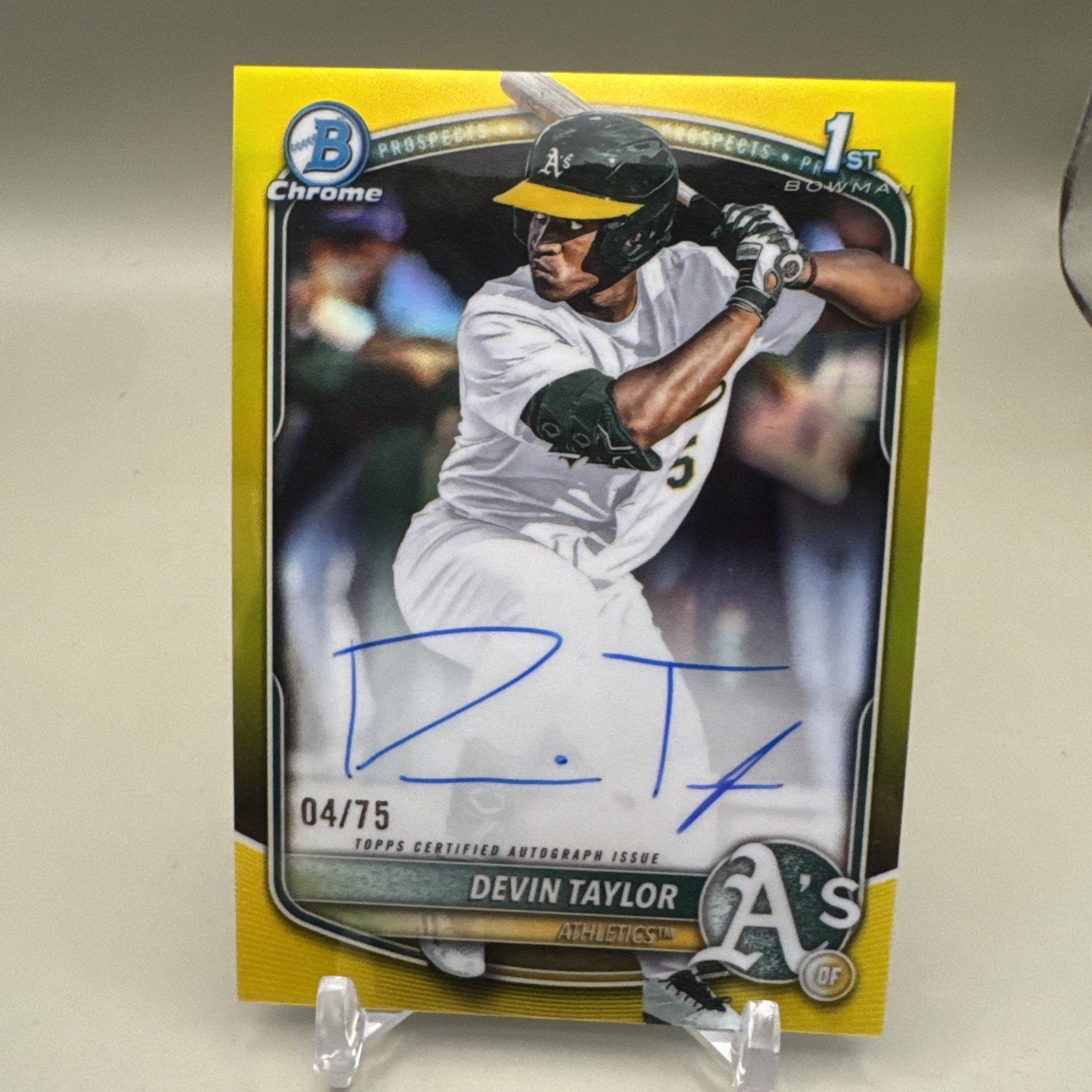 Devin Taylor 2025 1st Bowman Auto Chrome Draft /75 True Yellow Color Match A's