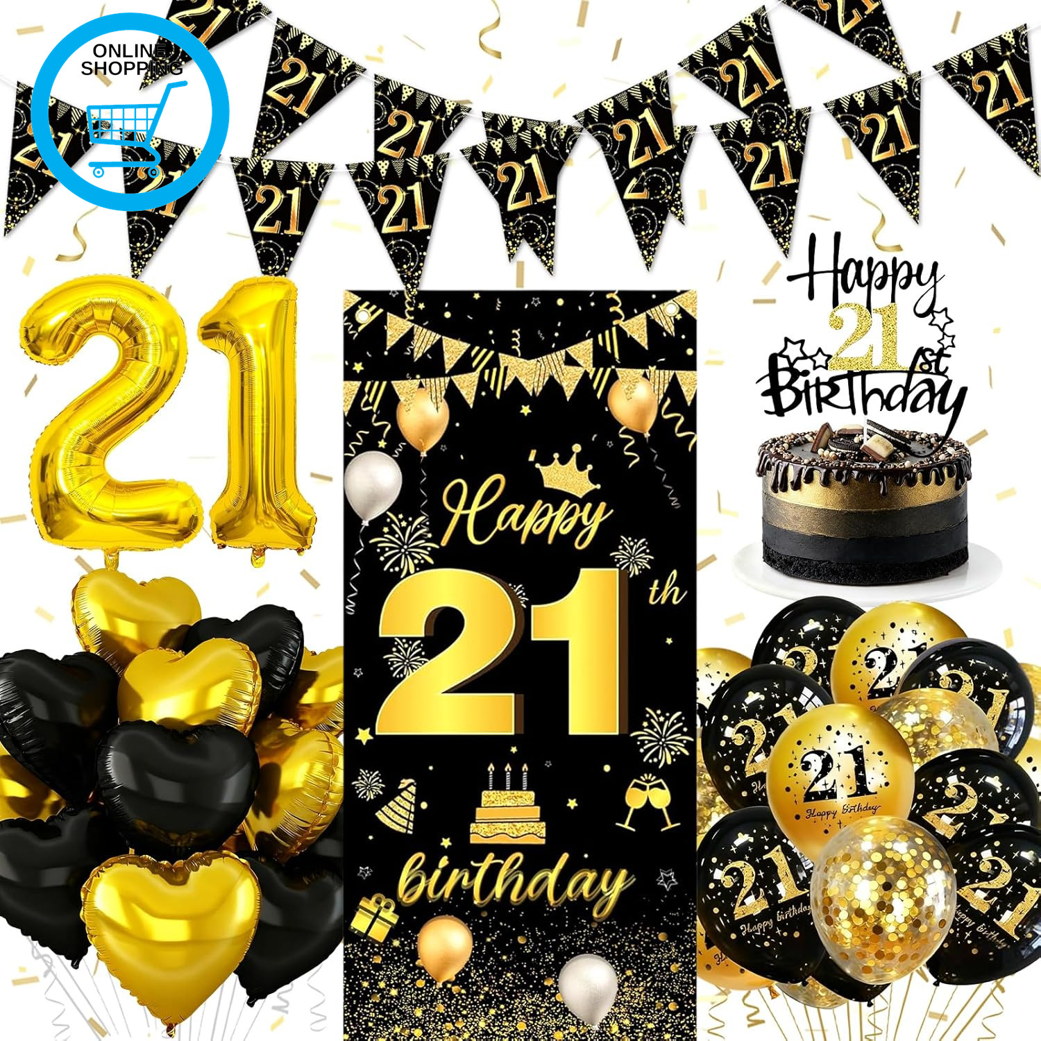 Black and Gold Birthday Decorations 21, 21St Balloon, Bunting, Background Black