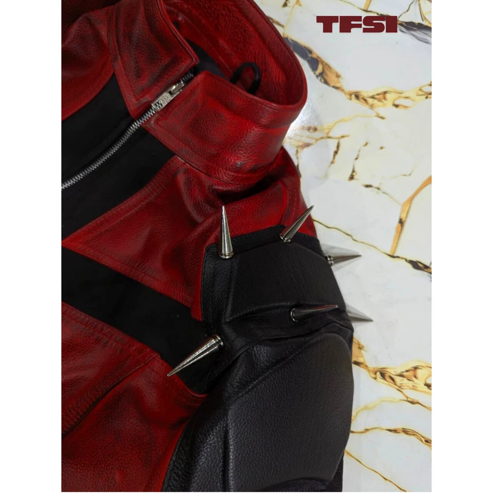 Pelle Pelle Men’s Custom Studded Red Leather Biker Jacket - Image 3 of 4