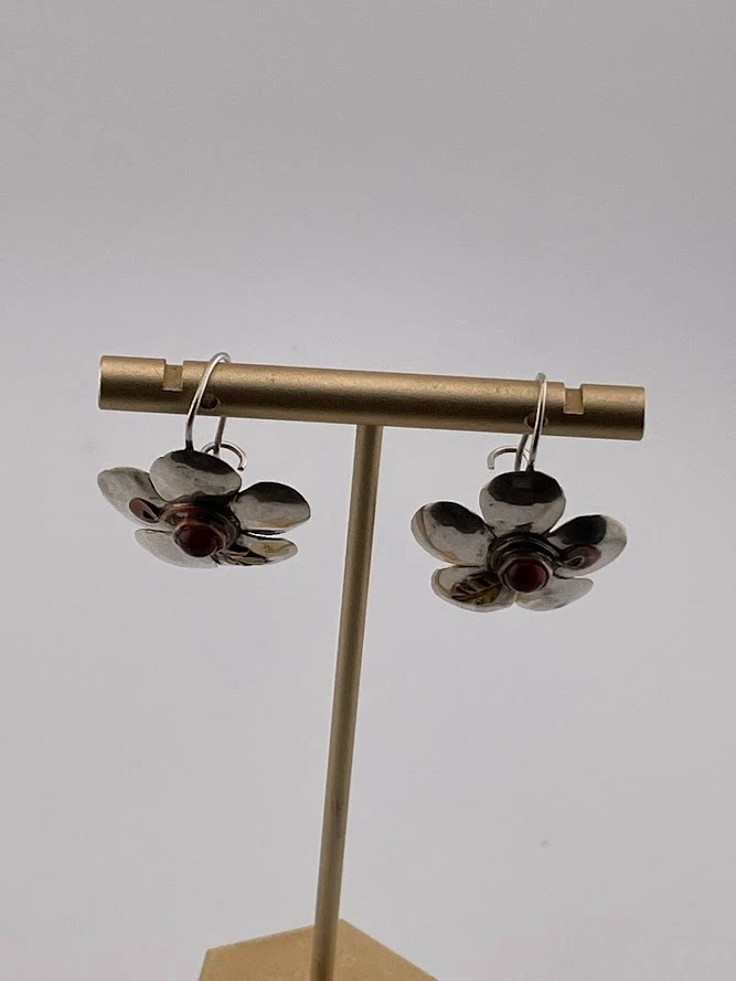 925 STERLING SILVER BRASS & COPPER & RED AMBER FLOWER DROP EARRINGS 1.25" 3632 - Image 2 of 4