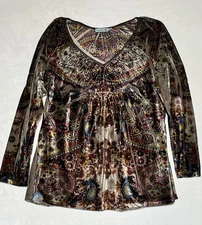 Unity World Wear Velvet Top Tunic Womens XL Floral Pullover Boho Artsy Hippie