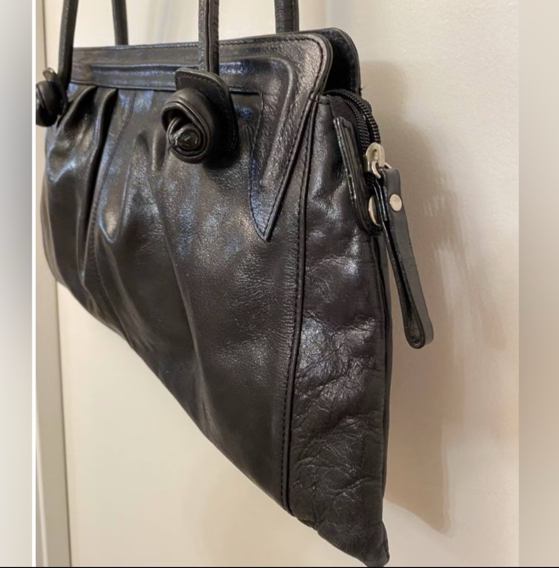 Vintage 80s Naturalizer Purse Black Leather 18.5” x 9” Rosette