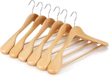 Wide Shoulder Wooden Suit Hangers 6-Pack Non-Slip Bar 360° Swivel Hook Natural