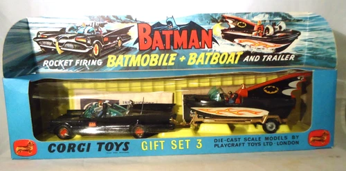 VINTAGE 1966 CORGI TOYS BATMAN ROCKET FIRING BATMOBILE + BATBOAT MINT IN BOX