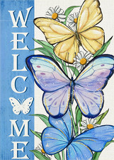Welcome Spring Summer Butterfly Decorative Garden Flag, Daisy Flowers Floral Blu