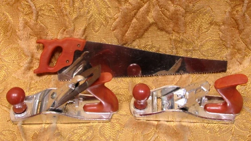 3 vintage plastic/metal MARX toy hand tools  1 saw & 2 planers
