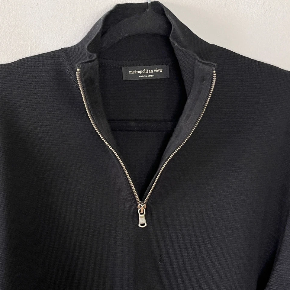 Metropolitan View Men's L Black Merino Wool 1/4 Zip Sweater Made Italy Classic - Image 2 of 4