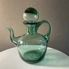 Vintage Hand Blown Green Glass Pitcher with Stopper