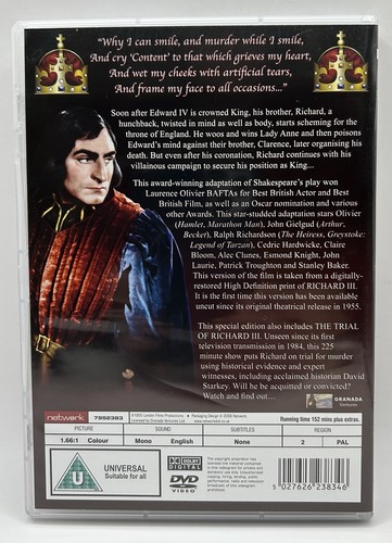 Shakespeare's Richard III Special Edition DVD (1955) ~ VGC ~ Region 2 - Picture 2 of 4