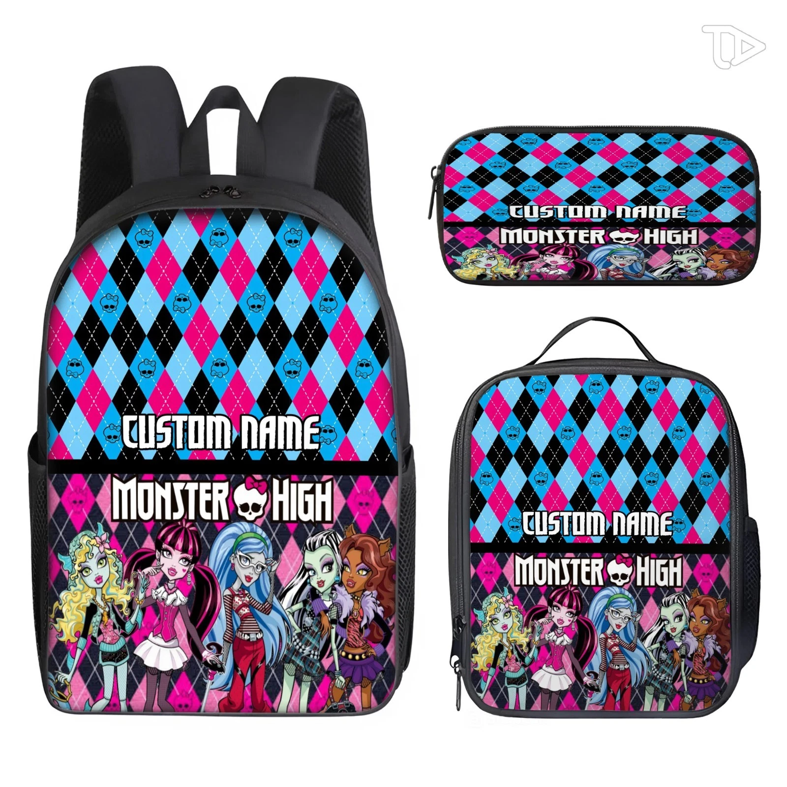 Custom Argyle Monster Doll Backpack Set with Lunch Bag and Pencil Case